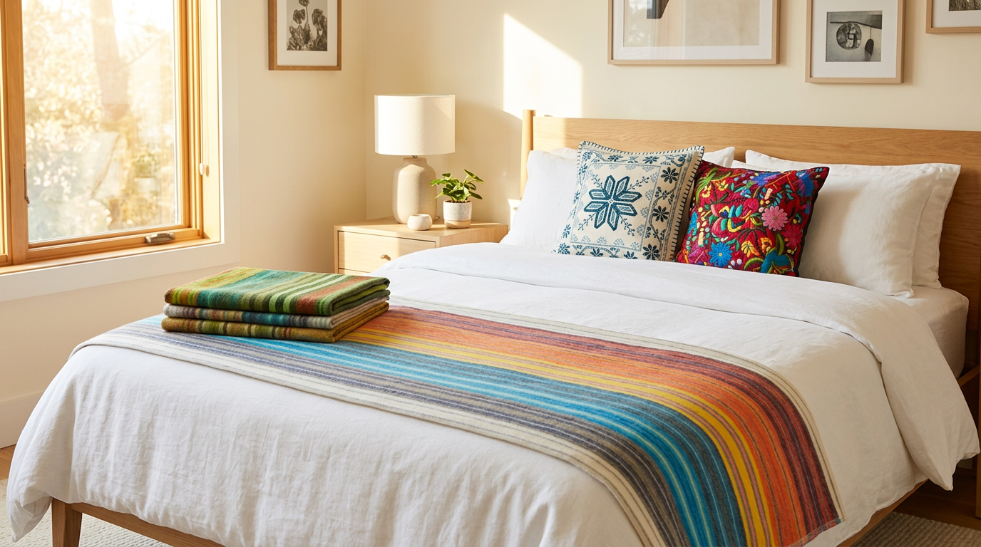 Alpaca blanket in a warm sunlit bedroom