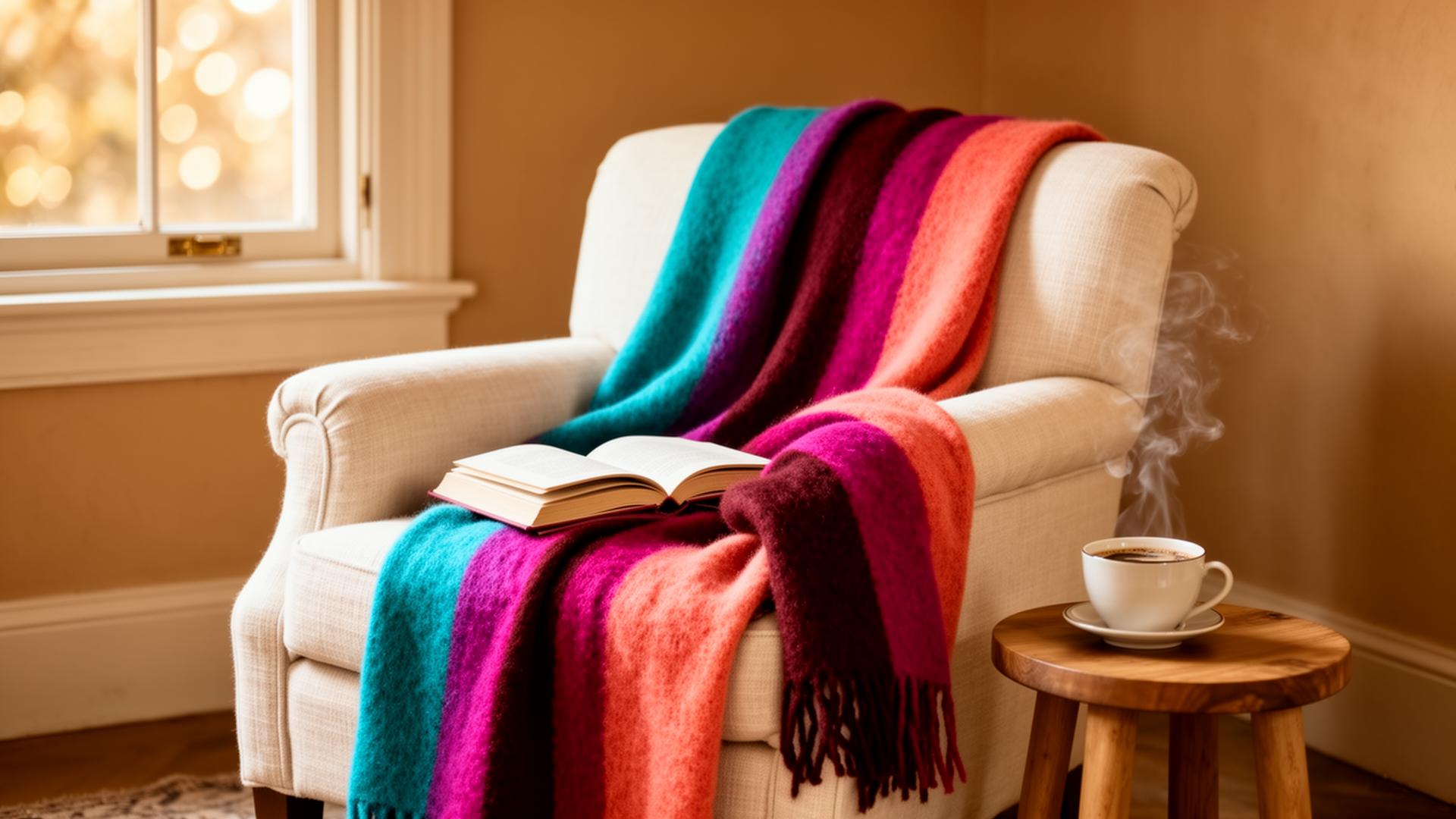 Colorful alpaca throw blanket draped over armchair with coffee and book